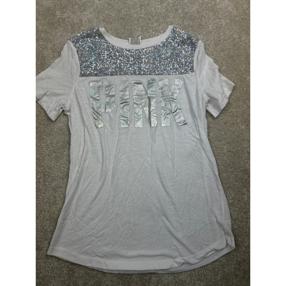 PINK Sequin Graphic T-Shirt XS White Silver Iridescent Logo Glam Y2K Sparkly
